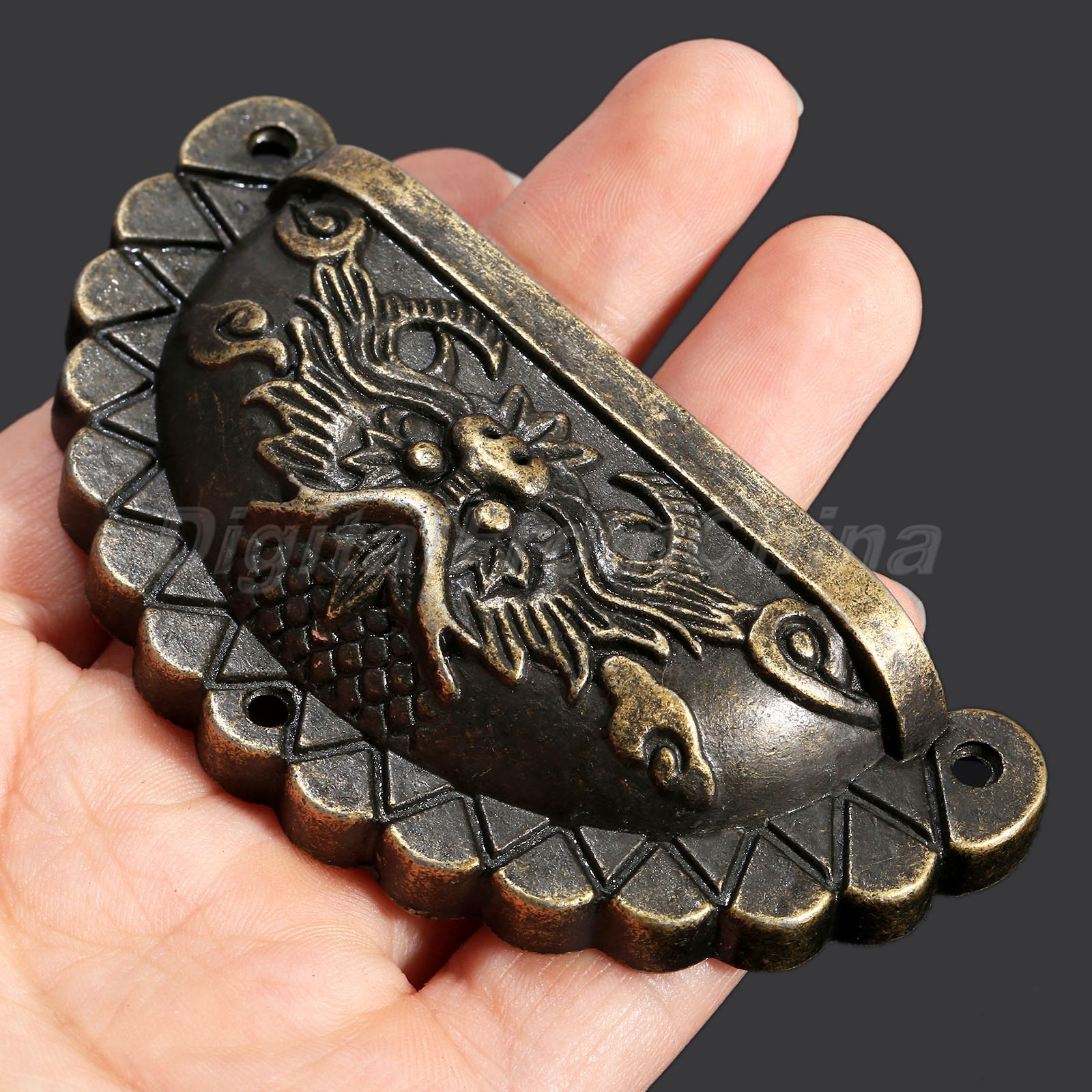 4X Vintage Bronze Chinese Dragon Shell Type Dresser Drawer Pull Handle